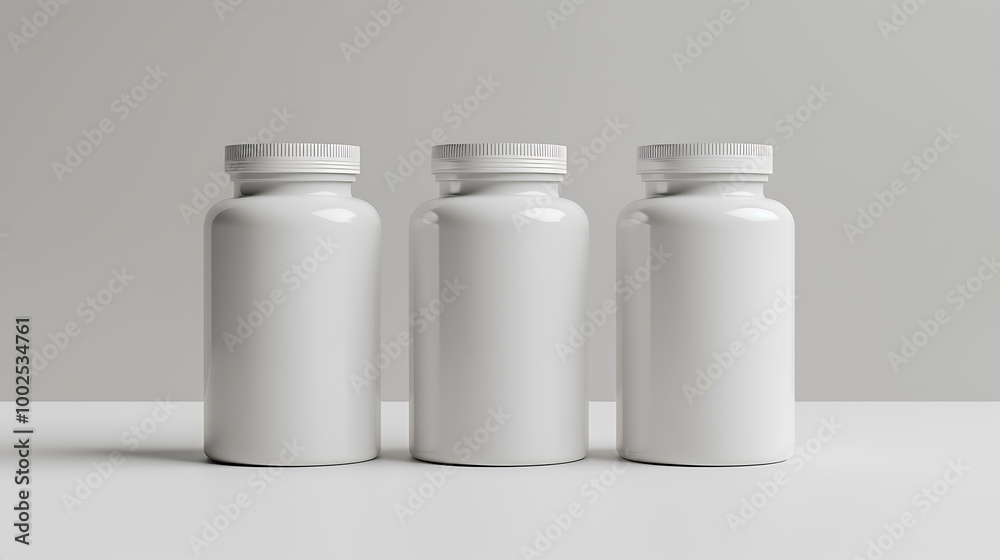 Three white pill bottles stand in a row on a white surface. Three white pill bottles stand in a row on a white surface.