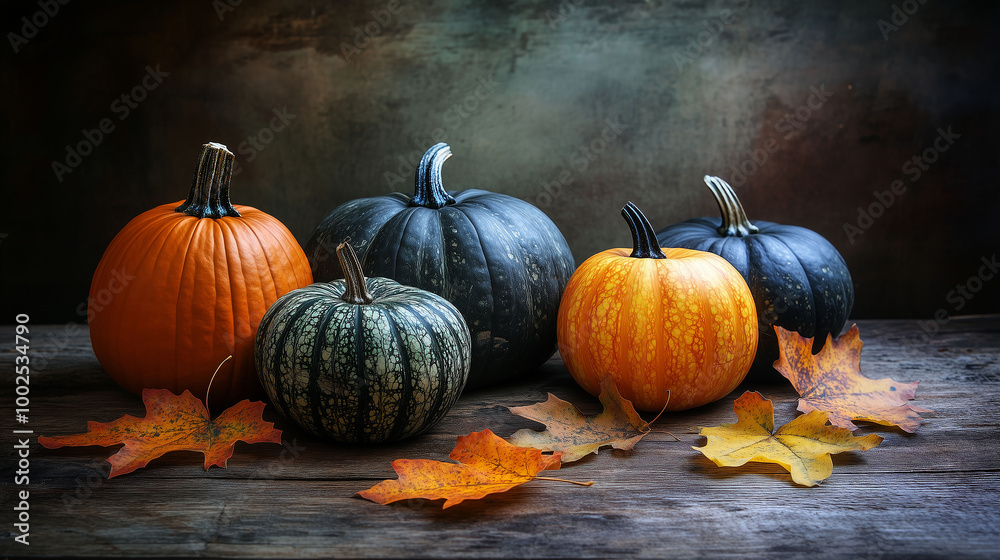 Various sizes of pumpkins and fall leaves on a wooden surface, natural light highlighting textures