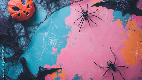 Obraz na płótnie Spooky Halloween flat lay with spider webs, spiders, and other decorations spread on a multi-colored backdrop w salonie