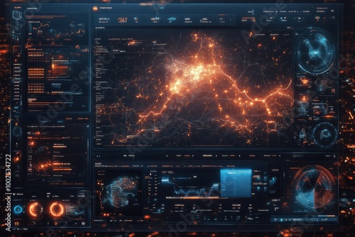 Futuristic Data Dashboard with Glowing Graphs and Networks in Dark Interface