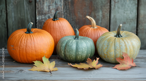 Various sizes of pumpkins and fall leaves on a wooden surface, natural light highlighting textures