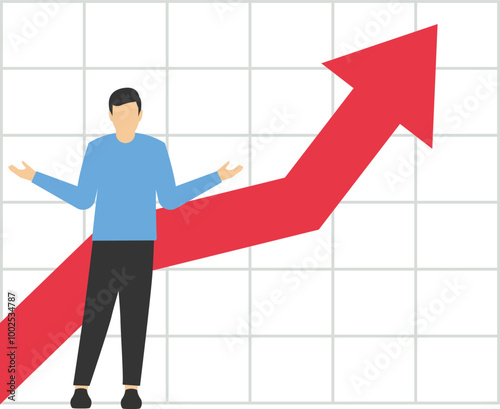 Businessman standing with crossed legs and leaning on rising profit growth graph. Investment profit growth, financial advisor. Make money to get rich or increase earning or income.