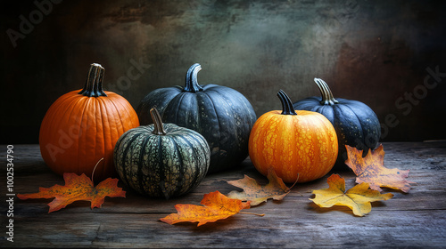 Obraz na płótnie Various sizes of pumpkins and fall leaves on a wooden surface, natural light highlighting textures w salonie