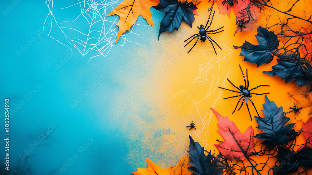 Halloween top-view composition with fake spiders, webs, and decorations on a bright-colored background, capturing the essence of autumn festivity
