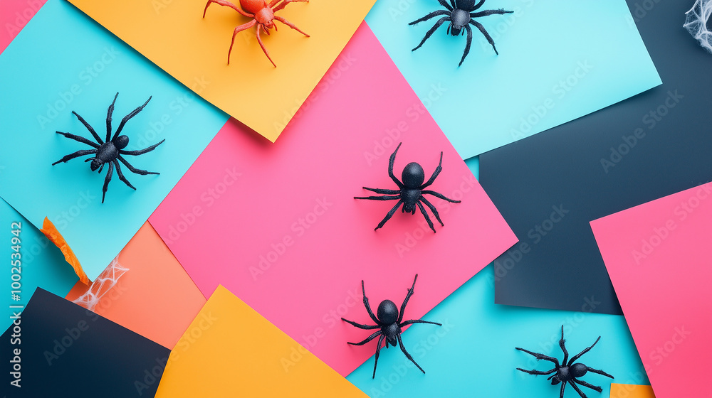 Flat lay Halloween mockup, spiders crawling on faux webs placed on colorful paper backgrounds, surrounded by festive decorations and room for text