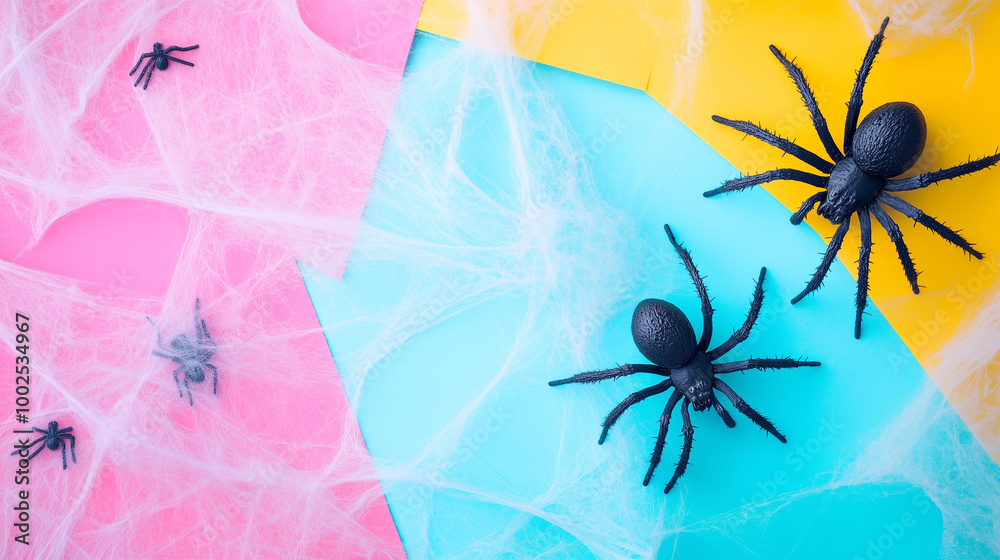 Flat lay Halloween mockup, spiders crawling on faux webs placed on colorful paper backgrounds, surrounded by festive decorations and room for text