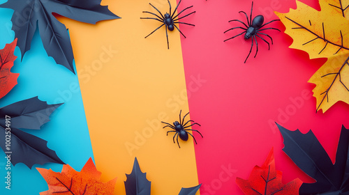 Obraz na płótnie Flat lay Halloween mockup, spiders crawling on faux webs placed on colorful paper backgrounds, surrounded by festive decorations and room for text w salonie