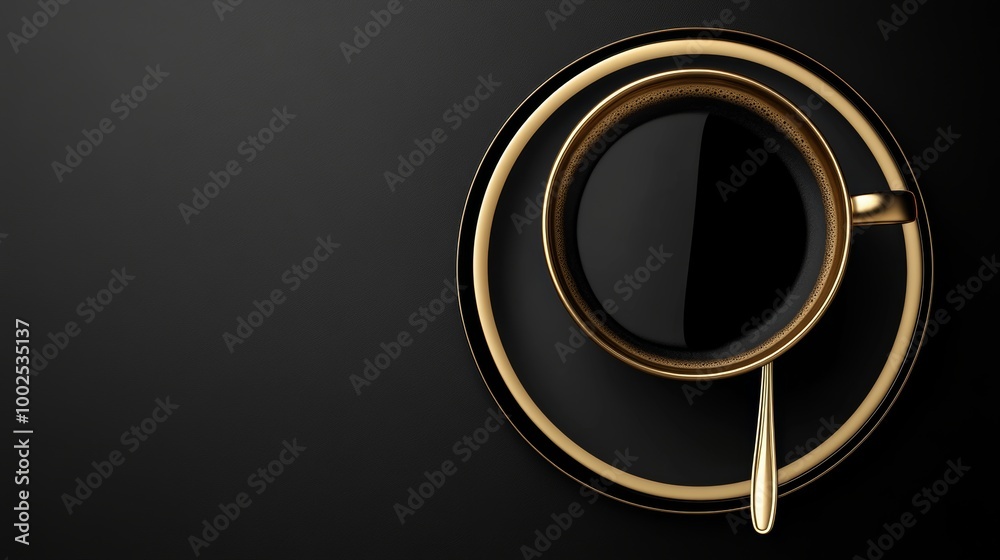 Top View of a Gold Coffee Cup on Black Background with Spoon, Minimalist Flat Lay, Luxury Concept Top View of a Gold Coffee Cup on Black Background with Spoon, Minimalist Flat Lay, Luxury Concept