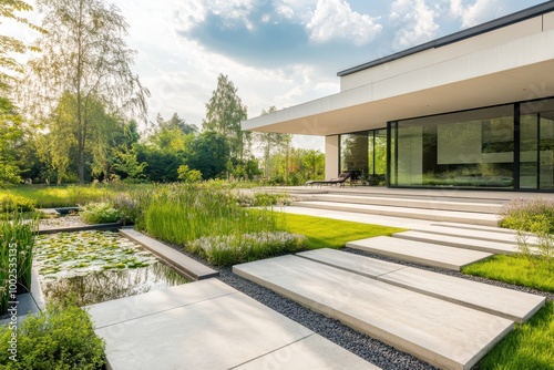 Wallpaper Mural Modern home with landscaped garden featuring stepping stones and water lilies. Torontodigital.ca