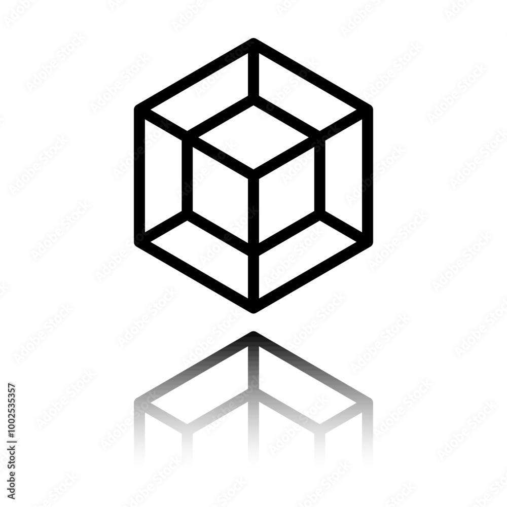 Cube, tesseract simple icon. Flat design. Black icon with mirror reflection. White background Cube, tesseract simple icon. Flat design. Black icon with mirror reflection. White background