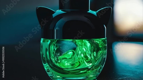 Horizontal Halloween video, cosmetics, perfume, beauty, a jar with black cat ears, filled with neon green liquid inside photo