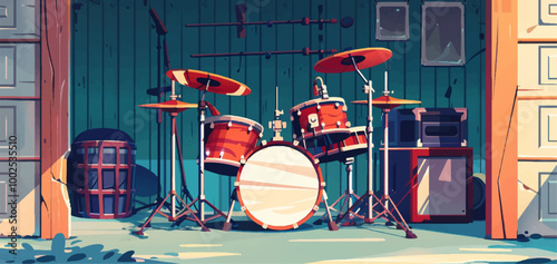 Complete Drum Kit Set Up In Front Of A Garage Wall With Basic Tools And Equipment Around The Drum Kit Bright Colors And Simple Details Cartoon Illustration