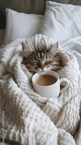  A cat is wrapped in an oversized beige blanket, sitting on the bed with its head covered by the same blanket and surrounded by coffee mugs