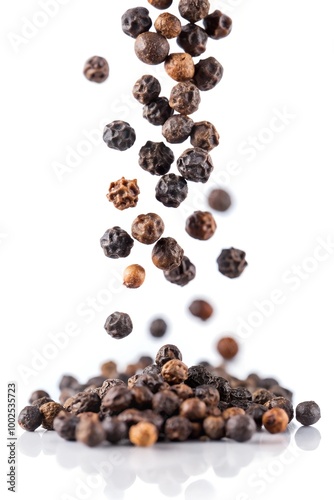 Falling black pepper, peppercorn, isolated on white background, selective focus