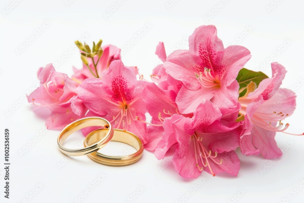 Romantic Pink Camellia Flowers and Gold Wedding Rings: Elegant Floral Arrangement for Wedding Celebration and Love Symbol Romantic Pink Camellia Flowers and Gold Wedding Rings: Elegant Floral Arrangement for Wedding Celebration and Love Symbol