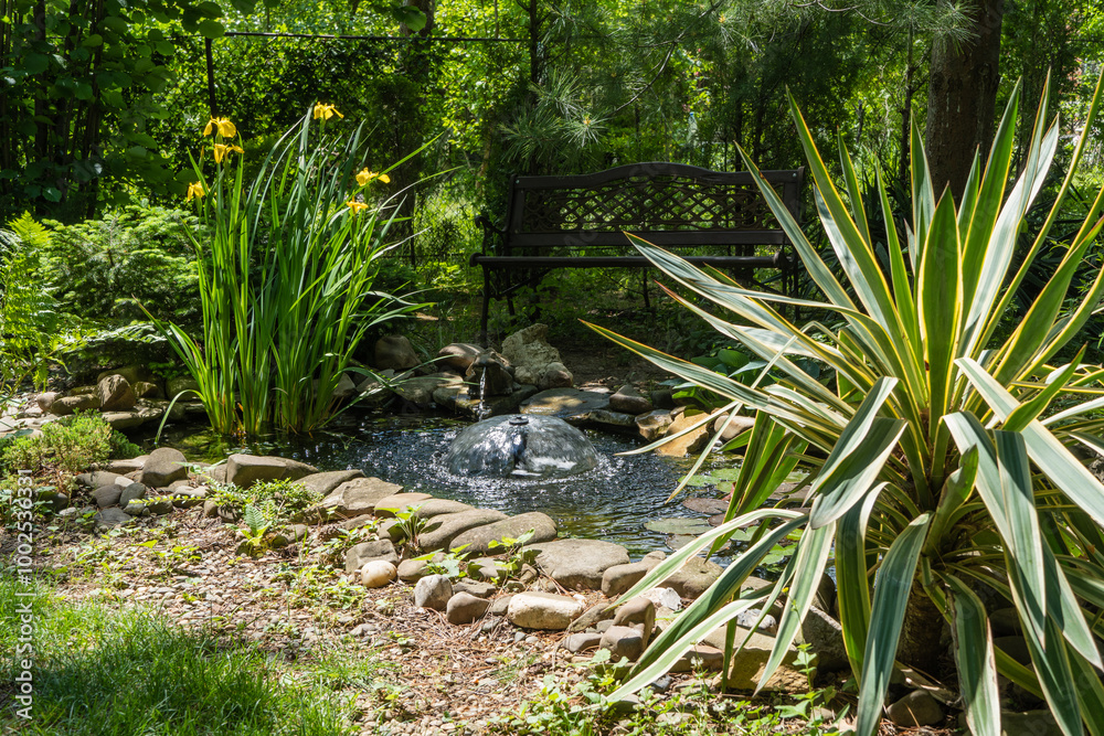 Swamp irises with yellow flowers grow on shore of a sunny pond with frog fountain and umbrella fountain. Pond is located in evergreen landscaped garden. Swamp irises with yellow flowers grow on shore of a sunny pond with frog fountain and umbrella fountain. Pond is located in evergreen landscaped garden.