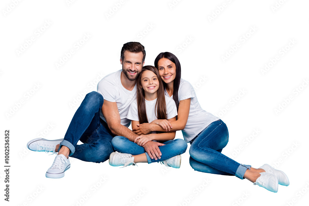 Full length body size photo of cute beautiful family enjoying spending time with each other while isolated with blue background Full length body size photo of cute beautiful family enjoying spending time with each other while isolated with blue background