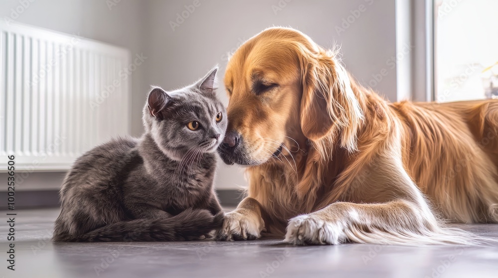 A gray cat and a golden retriever share a tender moment, with the cat nuzzling the dog, both in a serene, brightly lit room, creating a peaceful, loving scene. A gray cat and a golden retriever share a tender moment, with the cat nuzzling the dog, both in a serene, brightly lit room, creating a peaceful, loving scene.