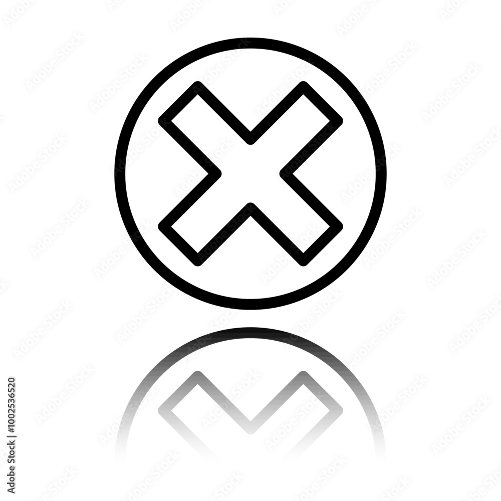 Delete, cross simple icon. Flat design. Black icon with mirror reflection. White background Delete, cross simple icon. Flat design. Black icon with mirror reflection. White background