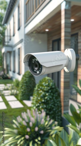 A white security camera on a wall monitors a modern house with glass windows and shrubs with red fruits in the foreground, ensuring a secure environment.