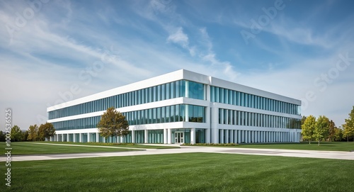 Contemporary government office building with sleek white walls and reflective glass windows surrounded by green lawns under a cloudless sky