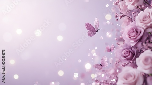 A serene waterfall surrounded by delicate pink roses and graceful butterflies under a soft purple sky at twilight