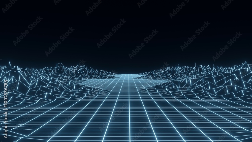Fototapeta premium Retro fantastic background of the 80s. Mountain wireframe landscape with night sky. Futuristic neon scenery. 3d rendering.