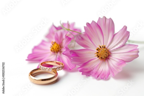Romantic Pink Cosmos Flowers and Gold Wedding Rings: Elegant Floral Arrangement for Wedding Celebration and Love Symbol
