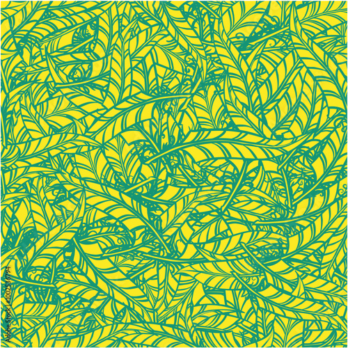 A vibrant pattern featuring intricate green leaves on a bright yellow background, ideal for textiles or graphic design.