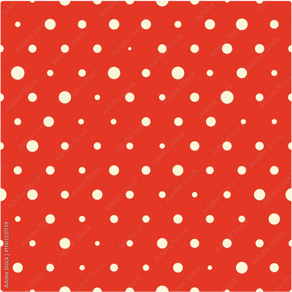A vibrant red background adorned with evenly spaced cream-colored polka dots, ideal for textiles or graphic design.