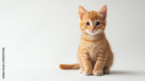 An orange tabby kitten sitting upright against a white background, with a curious and adorable expression, highlighted by soft lighting that showcases its detailed striped fur. photo