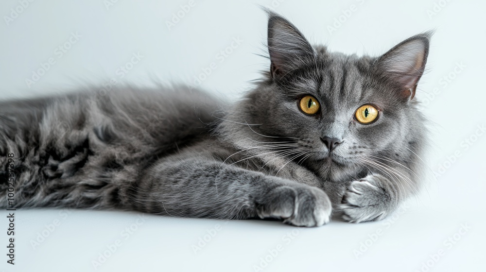 A gray cat with bright yellow eyes lies on a white background, looking calm and relaxed with its paws raised slightly, exuding comfort and confidence. A gray cat with bright yellow eyes lies on a white background, looking calm and relaxed with its paws raised slightly, exuding comfort and confidence.