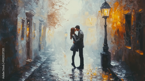 Couple In Love Kissing Under An Old Lantern On A Cobblestone Street Drawn With A Palette Knife Oil Painting On Canvas Featuring Romantic Lighting And Textured Cobblestones