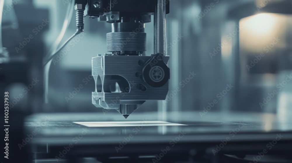 A close-up of a 3D printer in an industrial facility, printing a mechanical part in layers of metal or plastic. A close-up of a 3D printer in an industrial facility, printing a mechanical part in layers of metal or plastic.