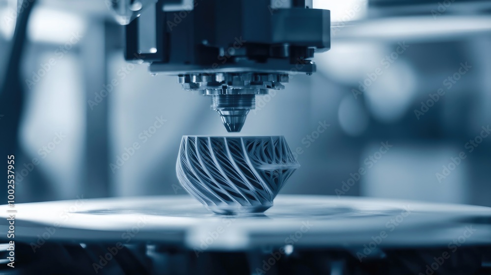 A close-up of a 3D printer in an industrial facility, printing a mechanical part in layers of metal or plastic. A close-up of a 3D printer in an industrial facility, printing a mechanical part in layers of metal or plastic.