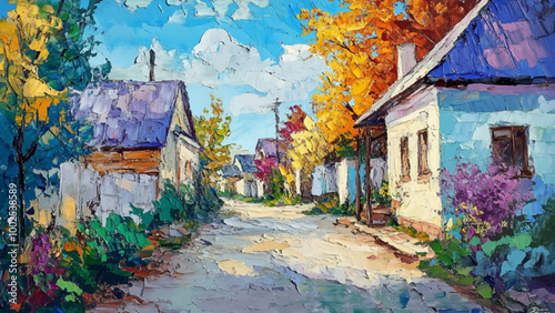 Cozy Street Of A Cottage Village Drawn With A Palette Knife Oil Painting On Canvas Featuring Charming Cottages Quaint Sidewalks And Lush Greenery With Textured Brushstrokes