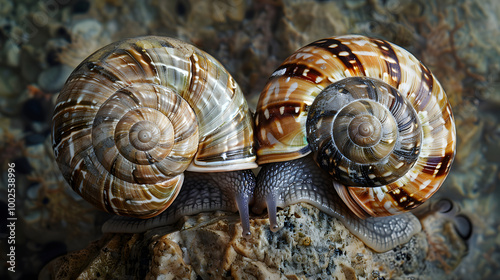 Beautiful wallpaper of a snail in its shell crawling on a tree branch with mountains in the background. photo