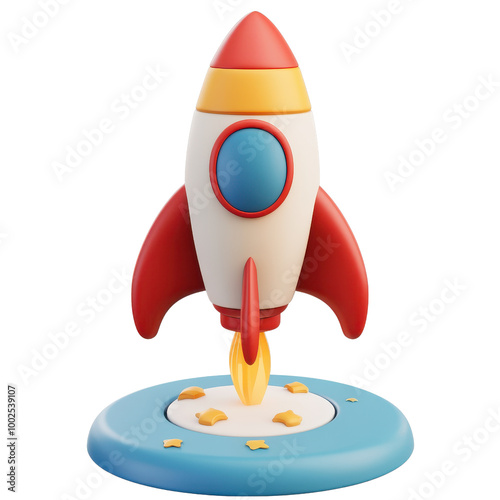 A colorful, cartoon-style rocket ready for launch, perfect for children's themes and creative projects., isolated on a transparent background.