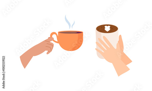 Hands with hot drink cups. Beverages ceramic mugs