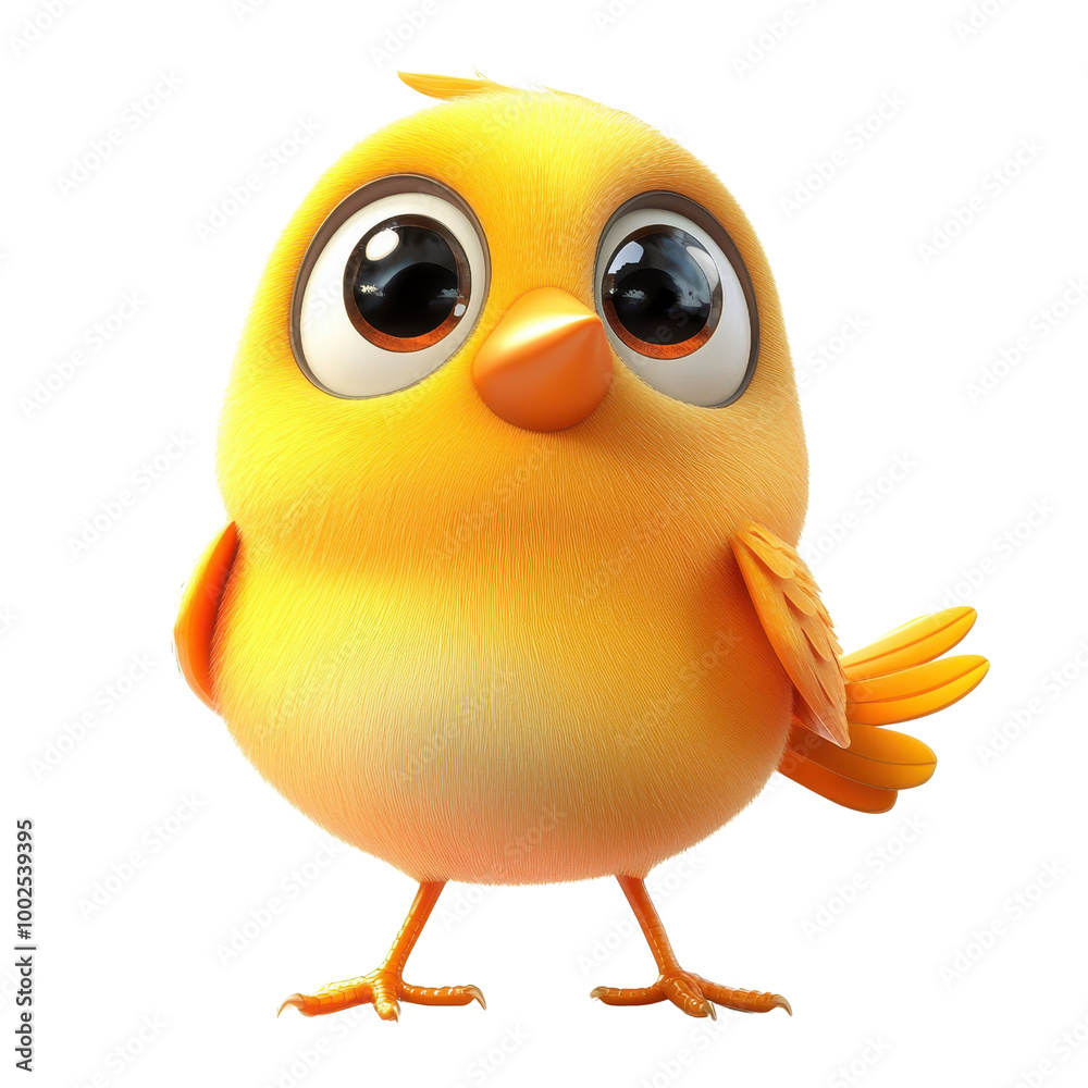 A cute, cartoon-style yellow bird with big eyes, perfect for children's illustrations and playful designs., isolated on a transparent background.
