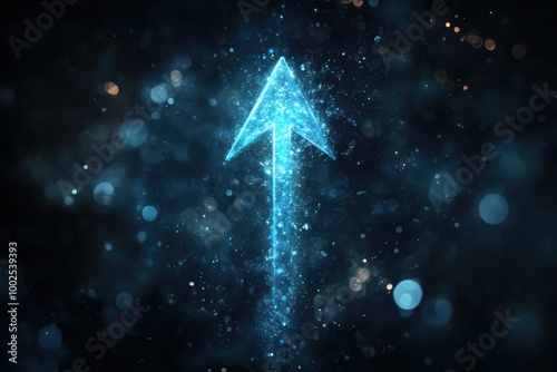 A glowing blue arrow pointing upwards, set against a dark background with bokeh lights around the edges photo