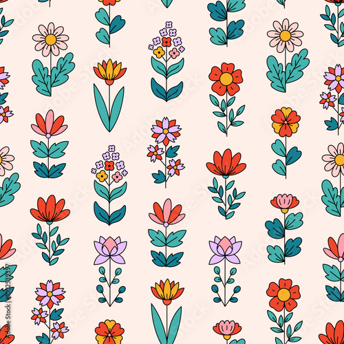 Retro seamless pattern with different flowers. Vintage boho print on beige background. Decorative botanical ornament