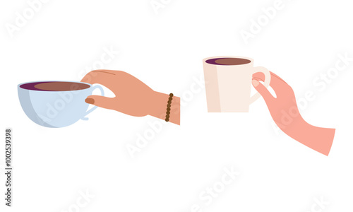 Hands with hot drink cups. Beverages ceramic mugs