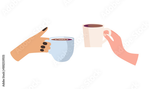 Hands with hot drink cups. Beverages ceramic mugs