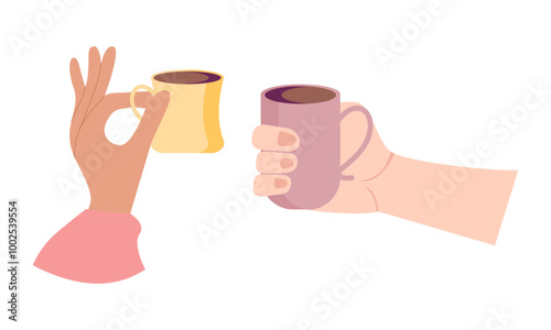 Hands with hot drink cups. Beverages ceramic mugs