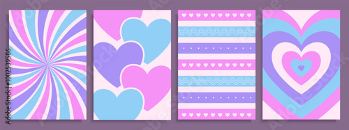 A swirl abstract backgrounds with colorful beams, hearts and strokes. Decorative retro art, Valentine day cards. Vector illustration.