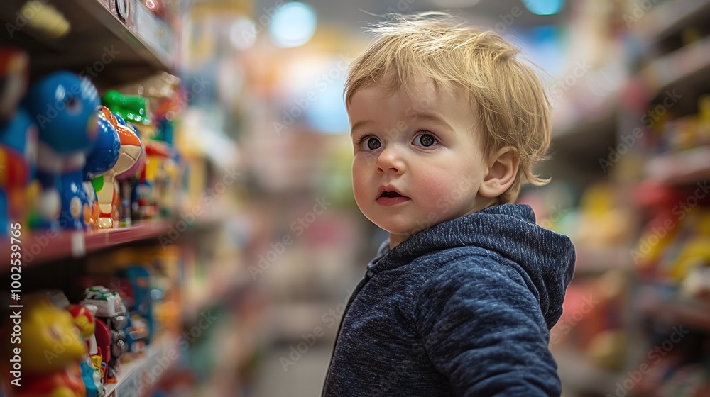 cute toddler boy exploring a toy store, showcasing the thrill of discovery and the joy of play in a colorful, family-friendly environment filled with exciting toys and possibilities cute toddler boy exploring a toy store, showcasing the thrill of discovery and the joy of play in a colorful, family-friendly environment filled with exciting toys and possibilities