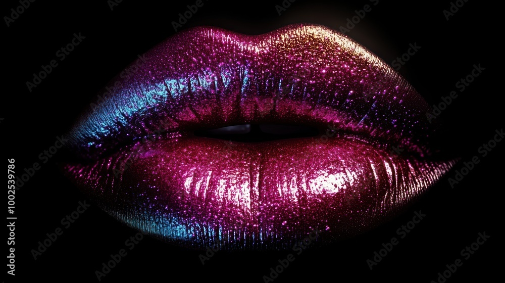 Close-up view of glossy lips with vibrant metallic finish showcasing shimmering colors against a dark backdrop. Generative AI Close-up view of glossy lips with vibrant metallic finish showcasing shimmering colors against a dark backdrop. Generative AI
