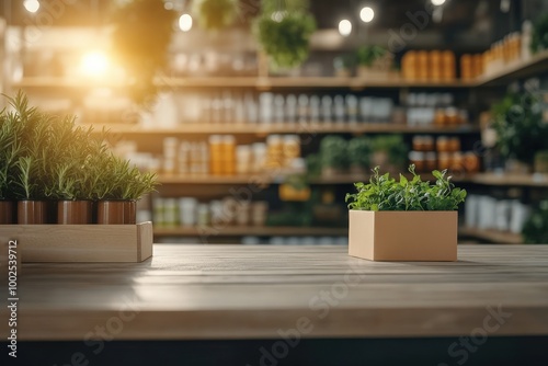 Green Plants on Wooden Table in Bright Store Interior