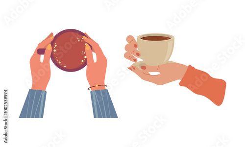 Hands with hot drink cups. Beverages ceramic mugs